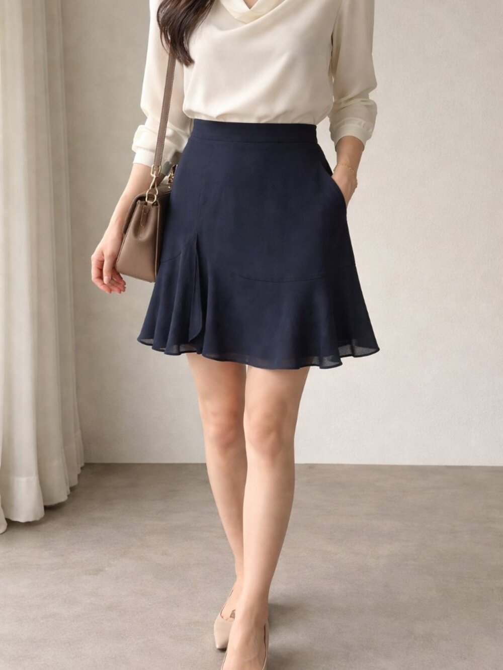 Banana republic feminine quiet luxury sheer hem whimsigoth minimalist navy skirt